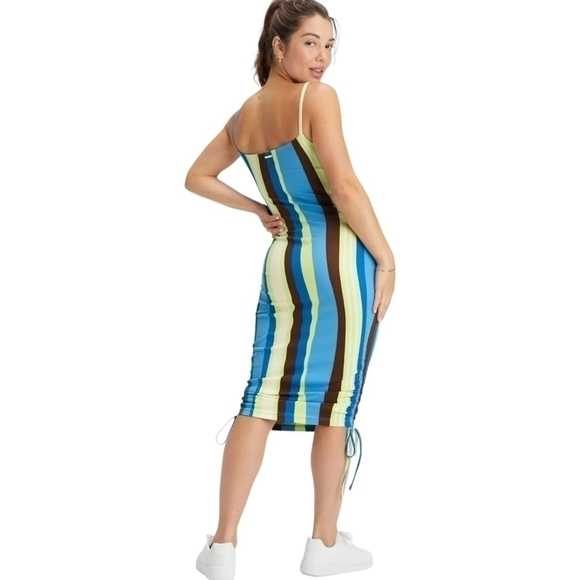 FABLETICS Midi Spaghetti Strap Stretch Striped Blue Green Dress Size M - Picture 2 of 8